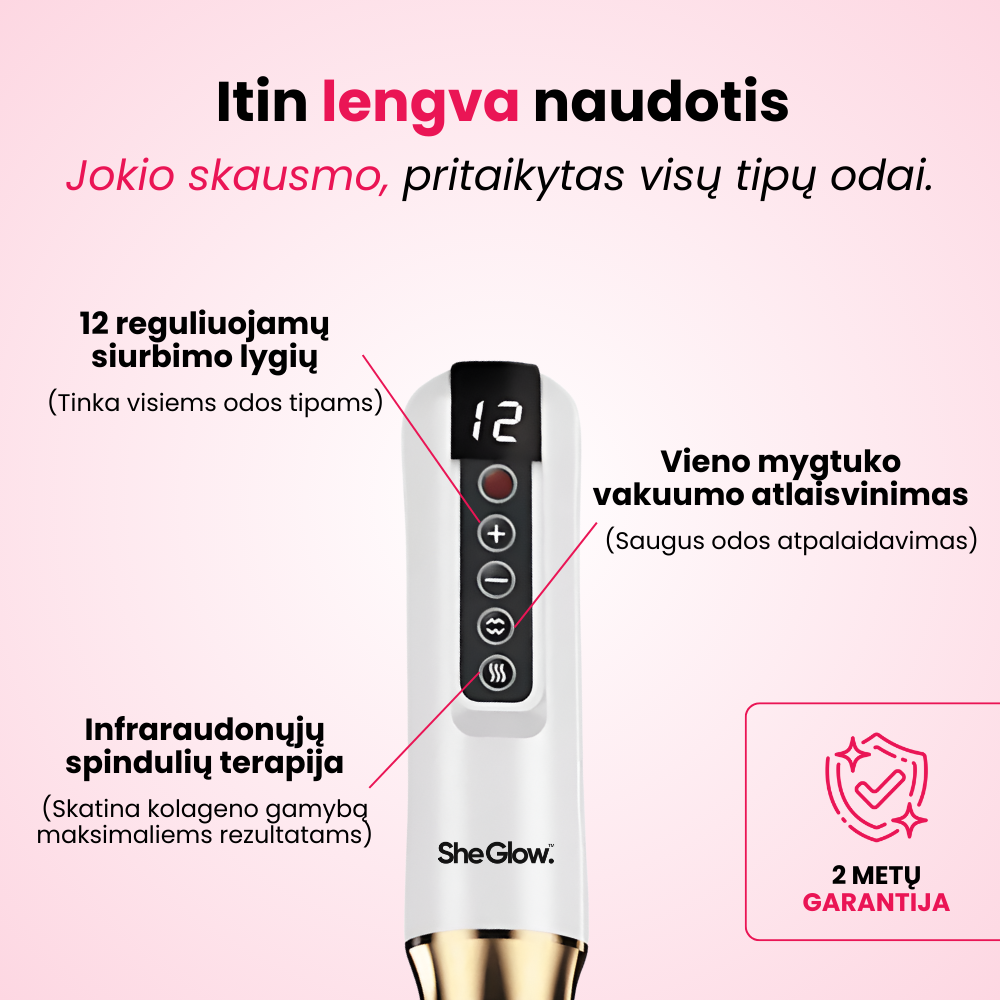 SheGlow anticeliulitinis masažuoklis – 12 siurbimo lygių, infraraudonųjų spindulių terapija, vakuumo atlaisvinimas